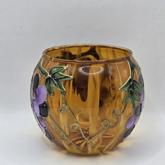 Hand Painted Yellow Orange Gold Vase GRAPES Raised 3.5 In Votive CandleHolder - Picture 4 of 16